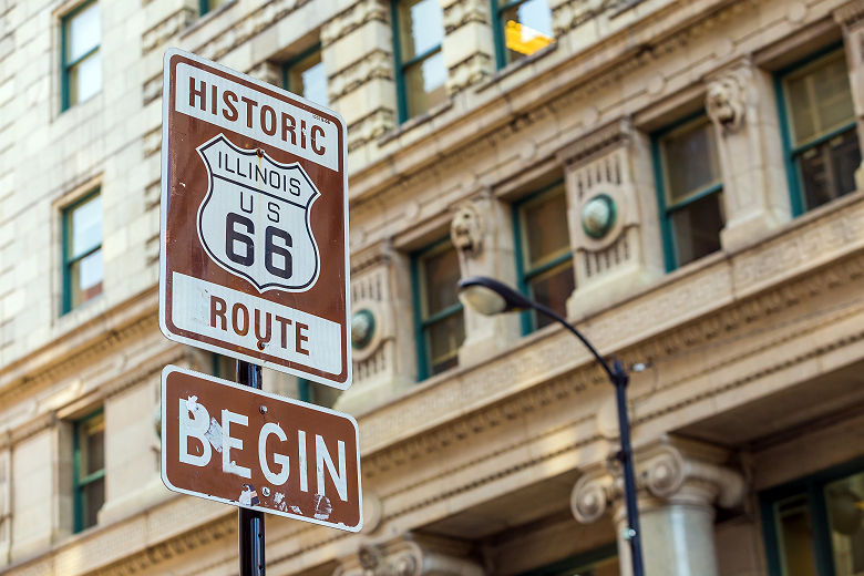 Panneau début de la route 66 à Chicago, Illinois - Etats Unis