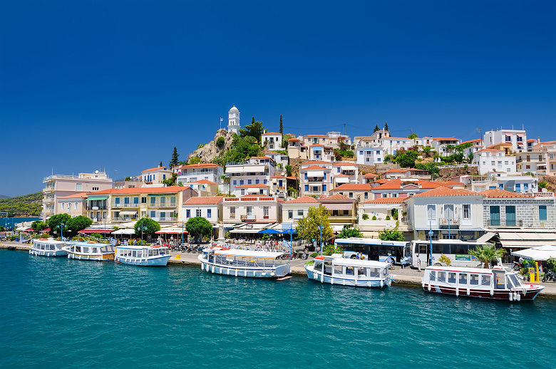 View on greek island Poros at sunny summer day