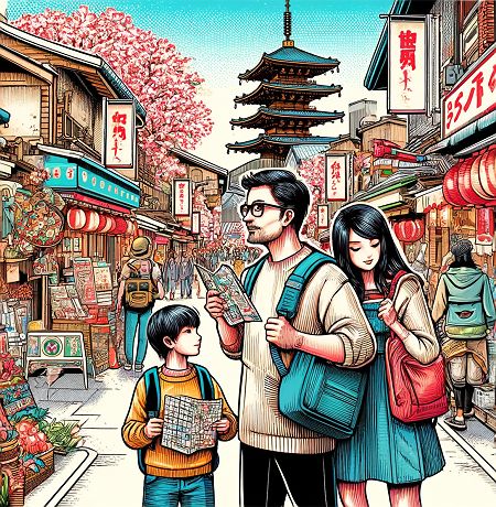 Famille visitant le Japon, style manga